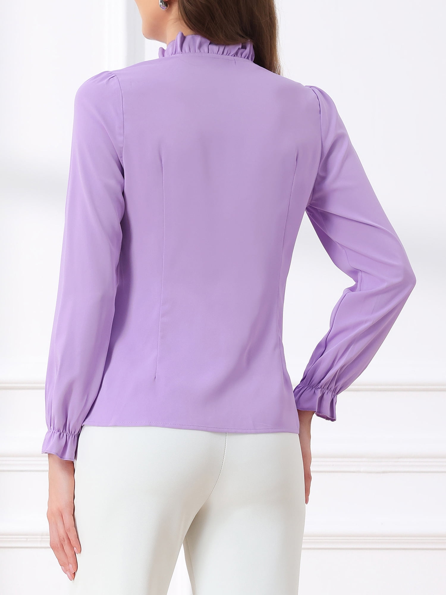 DARING DIVA Women's Spring Blouse Long Sleeve Ruffle Tie Neck Business Top S Purple
