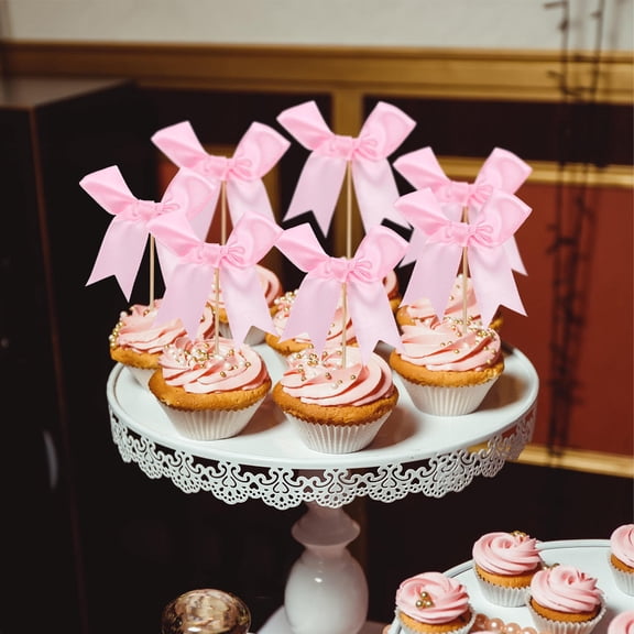 WRITWAA 20pcs Cupcake Decor Bowknot Cake Picks Polyester Pink For Celebrations