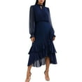 thumbnail image 2 of YueHuiYing Women's Solid-Color Pleated Lace Ruffled Asymmetric Hem Long-Sleeve Crew Neck Dress, 2 of 9