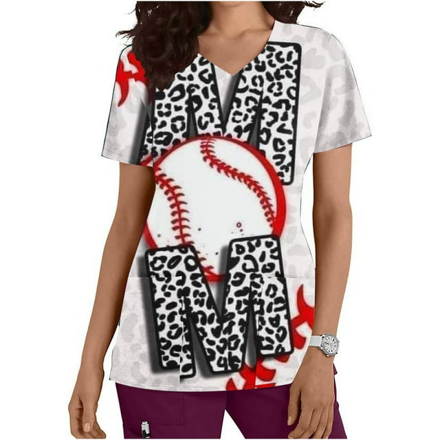 LSLJS Women's Fashion Short Sleeve V-Neck Tops Working Uniform Printing Pocket Blouse Tops, Womens Plus Scrubs