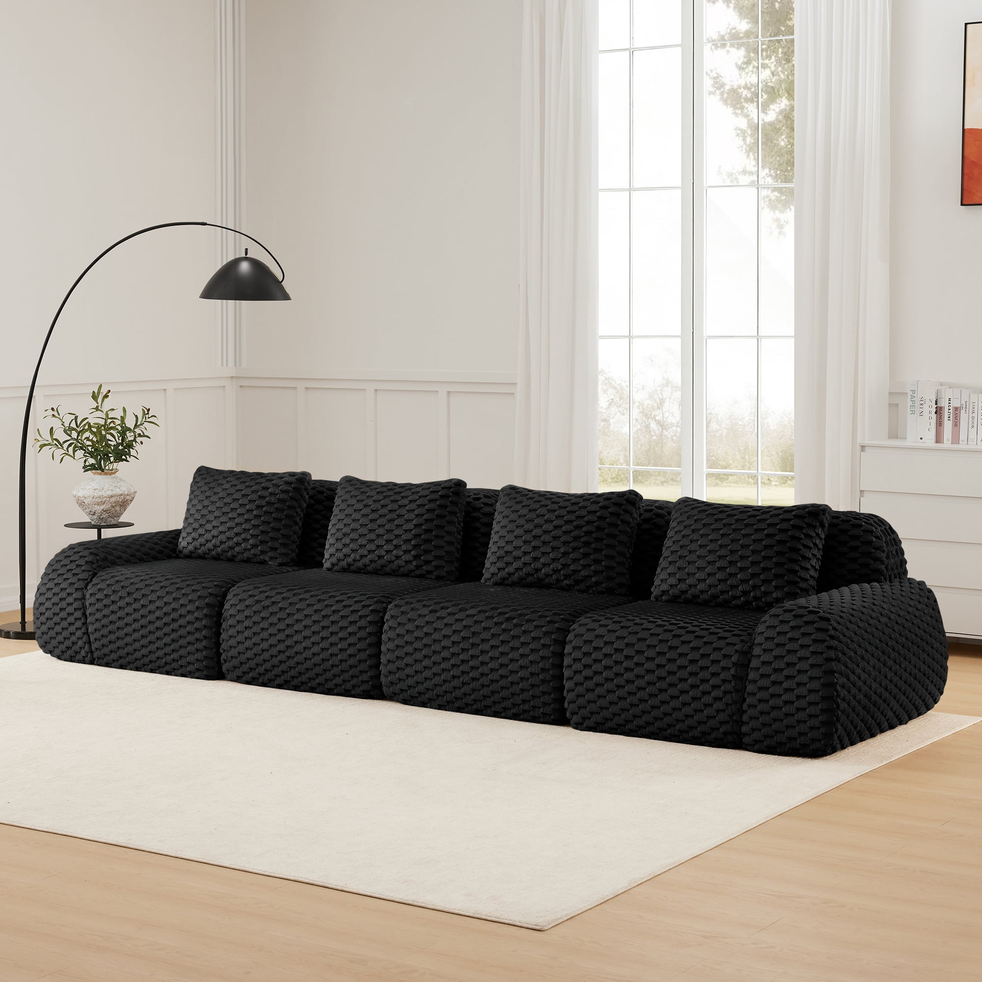 MAYEERTY 146" Modular Couch, Textured Flannelette, Anti-Slip Base, Deep Seat, Boneless, No Assembly, Black