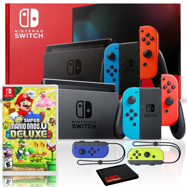 Nintendo Switch con Paquete JoyCon Azul/rojo Neón con JoyCon Azul/amarillo Neón y New Super Mario Bros. Eres de Lujo