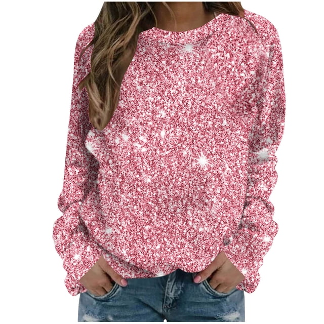 Bowake Sweat à Manches Longues à Sequins pour Femmes Col Rond Décontracté Hauts Pailletés pour Sortir Blouses de Fête