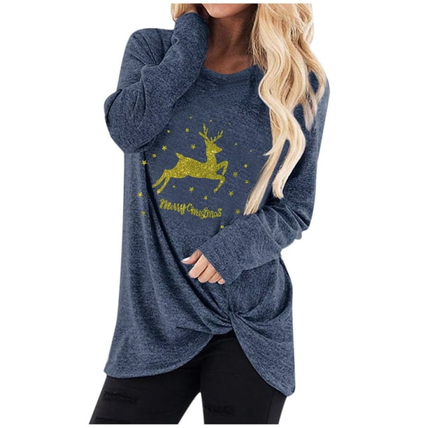 Camisas Navideñas Para Mujer Tops de Manga Larga Moda Navidad Impreso Cuello Redondo Kink Blusa Informal Odeerbi ODB199186