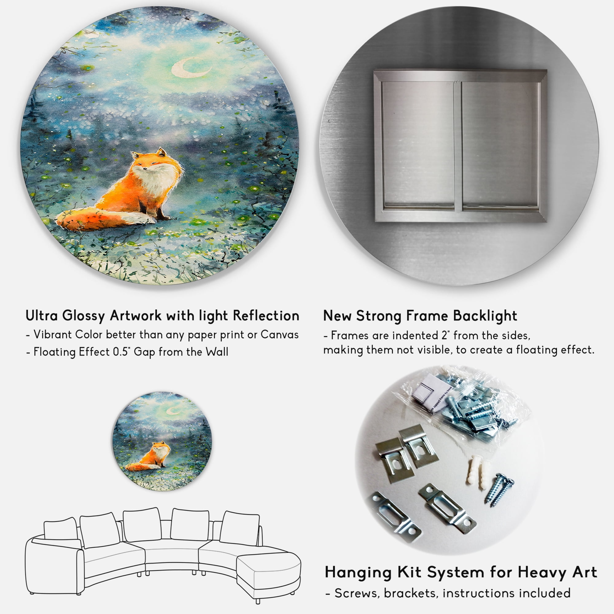 Designart 'Fox Over A Night Sky With Moon' Children's Art Circle Metal Wall Art 29x29 - Disc of 29