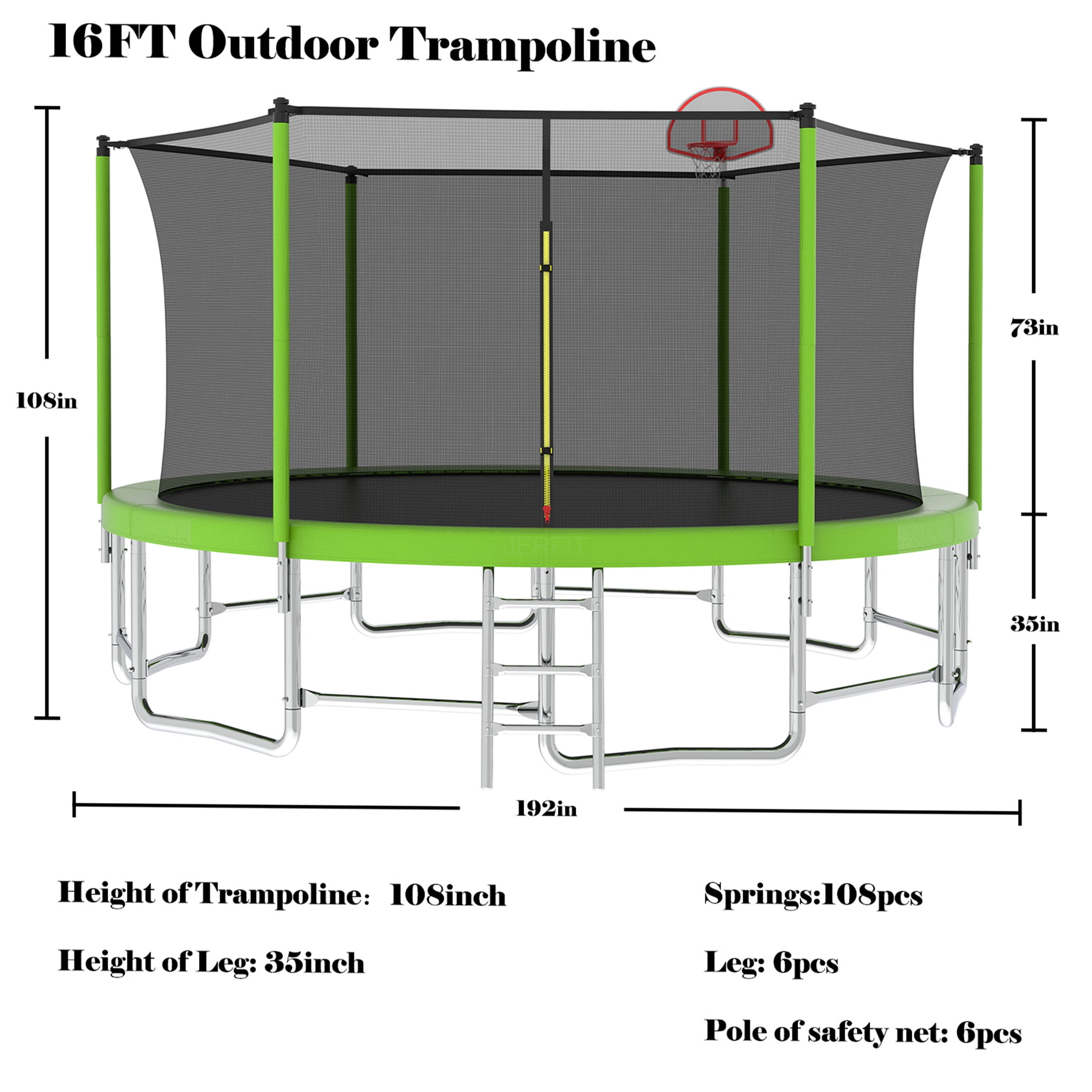 JERFIT 16ft Trampoline with Basketball Hoop, Safety Enclosure Net & Balance Bar, ASTM Certified Outdoor Jumping Toy for Kids and Family, Green