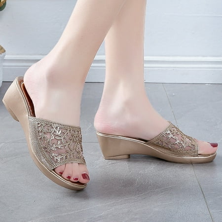 

Summer Women s Shoes Wedge Thick Bottom Slippers Mesh Rhinestone Mother Sandals