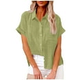 thumbnail image 2 of Otntypg Plus Size Linen Shirts for Women Lightweight Casual Summer Short Sleeve Button Down Beach Hawaiian Vacation Tees Shirt Tops Trendy Oversized Cotton Collared Tshirt with Pockets B-Green M, 2 of 6