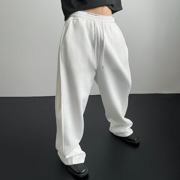 KHONTS Men's Baggy Sweatpants Wide Leg Y2k Drawstring High Waisted Loose Long Pants with Pockets White XL