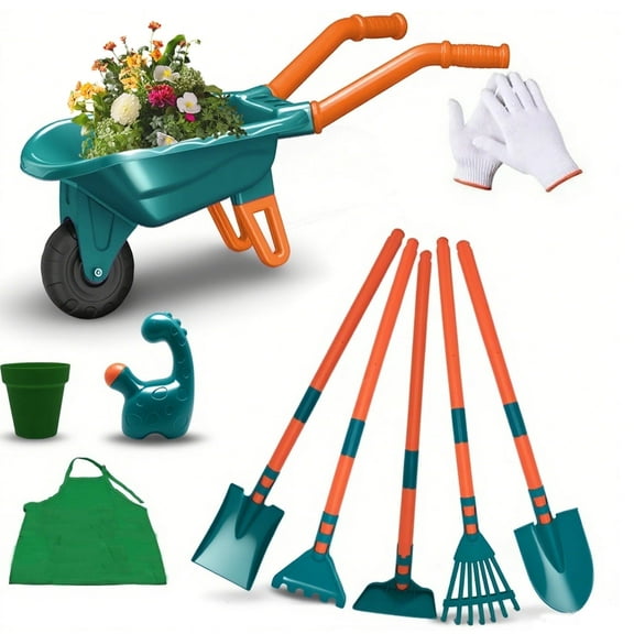 OUTGOO Kids Gardening Tools Set, 10pcs Kids Gardening Tools with Wheelbarrow, Shovel, Rake, Leaf Rake, Outdoor Toddler Toys Yard Digging Weed Pretend Toys for Boys Girls Age 3