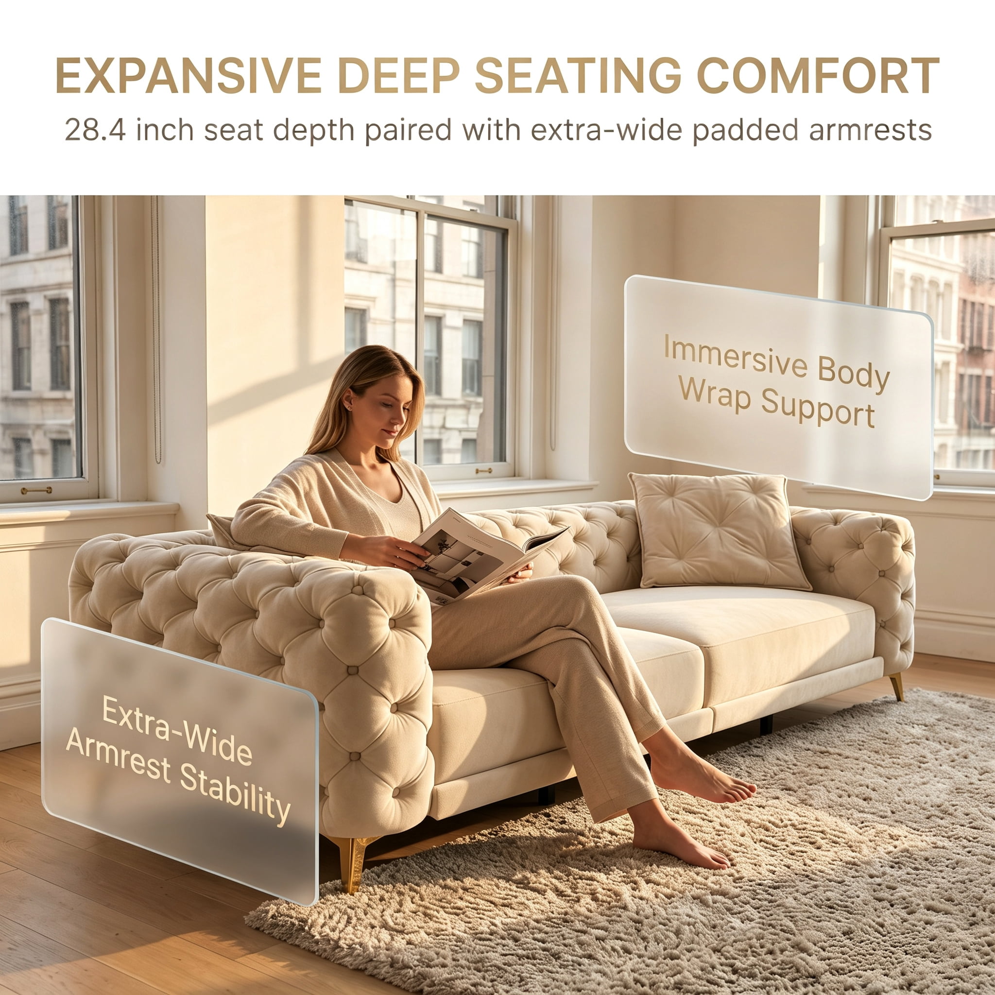 3-in-1 Velvet Sleeper Sofa Bed, 97.7" Modern Button Tufted Convertible Pull Out Couch with Gold Metal Legs & Deep Seat for Living Room, Camel