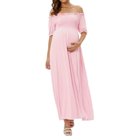 

Merqwadd Women Maternity Boho Midi Dress Short Sleeve Off-Shoulder Ruffled Pleated Split Tube Long Dress Outgoing Beachwear