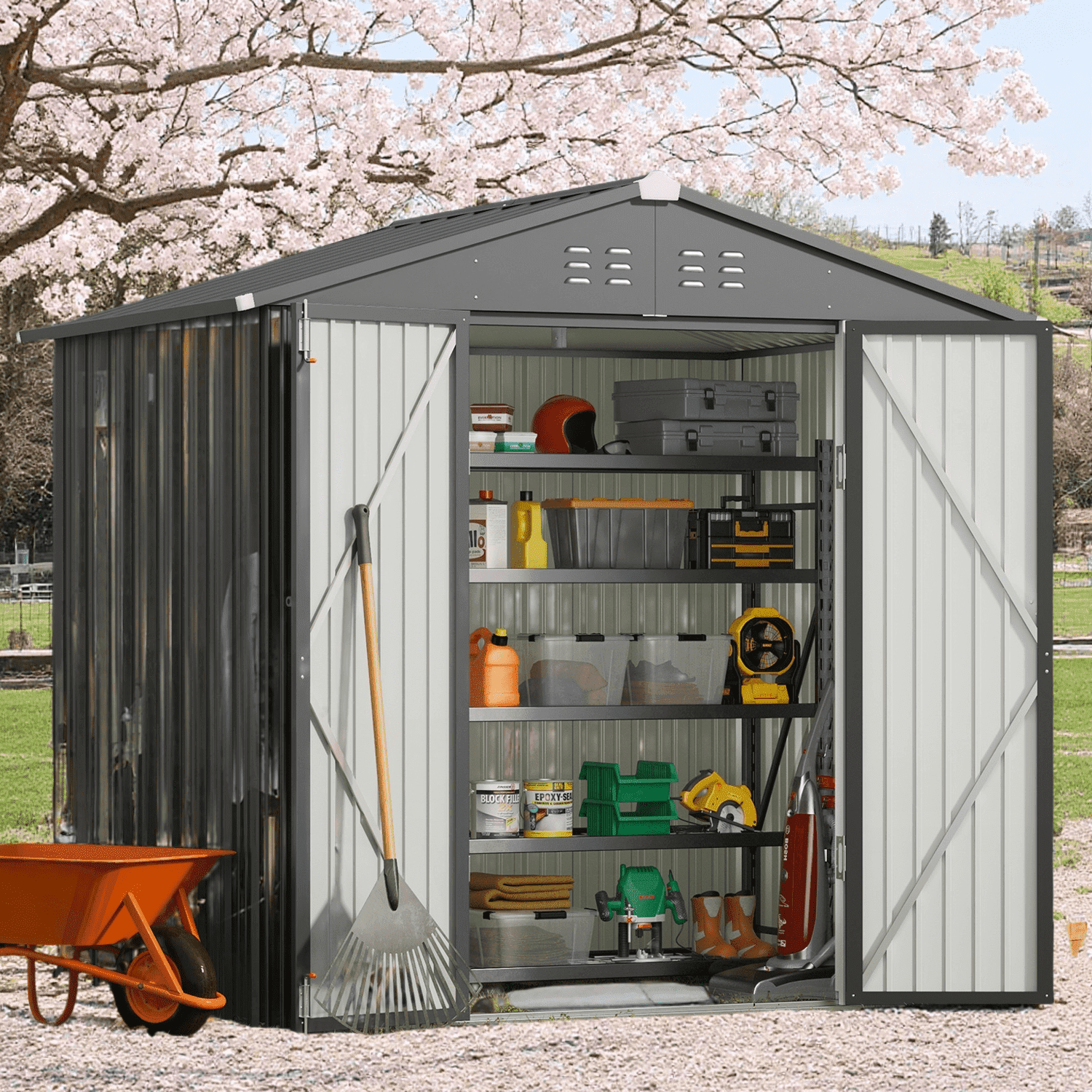 6x4FT Metal Outdoor Storage Shed, Garden Tool Shed with Lockable Doors & Slooping Roof for Backyard,Patio,Dark Grey