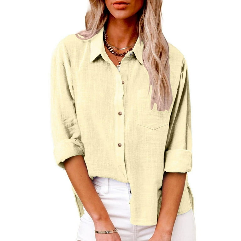 RPVATI Womens Casual Button Down Long Sleeve Shirts V Neck Roll Up Cuffed  Sleeve Work Solid Blouse Tops with Pockets Beige 3XL 