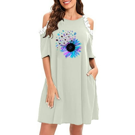 

Juebong Women s Summer Casual Off Shoulder Lace Short Sleeve forgive Solid Color Dress