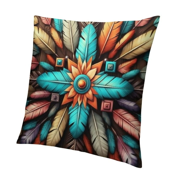 Rustic Throw Pillow Cushion Cover, Geometric Southwestern Themed Feathers Square Ornament, Decorative Square Accent Pillow Case, Turquoise Cocoa and Redbrown