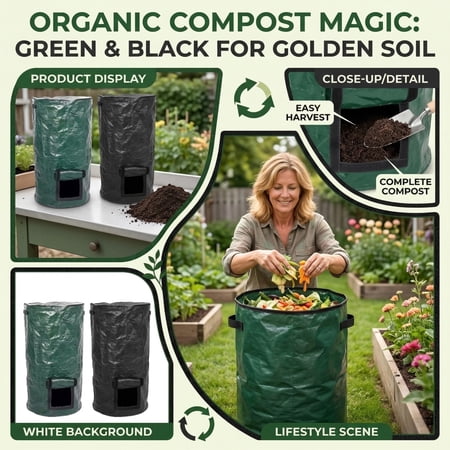 Compost Bin | Collapsible Reusable Aerated Composting Container for Outdoor and Garden | Gift for Gardener | Weatherproof Yard Waste Bags for Kitchen Scraps and Garden Waste