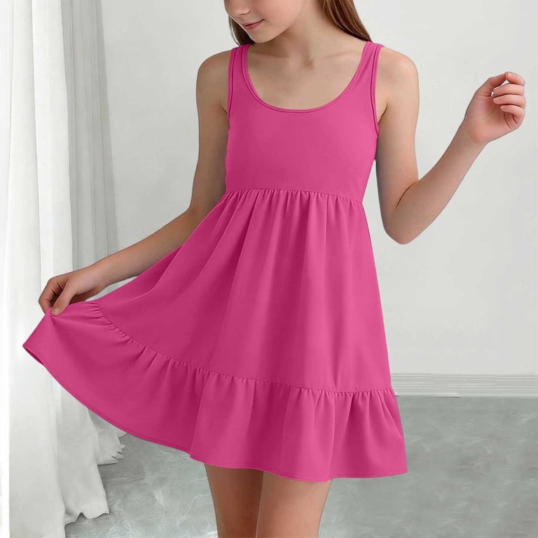 NAISIBABY Girls Casual Dress, Flare and Fit Comfort Ruffles Sleeveless Summer Flowy Dress Hot Pink Size 8