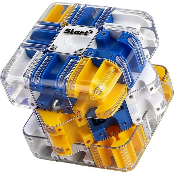 3D Rolling Ball Maze Cube, Large Labyrinth 3D Puzzles Maze Cube, Clear Transparent with Blue and Yellow Accents, Educational Focus Game Gift
