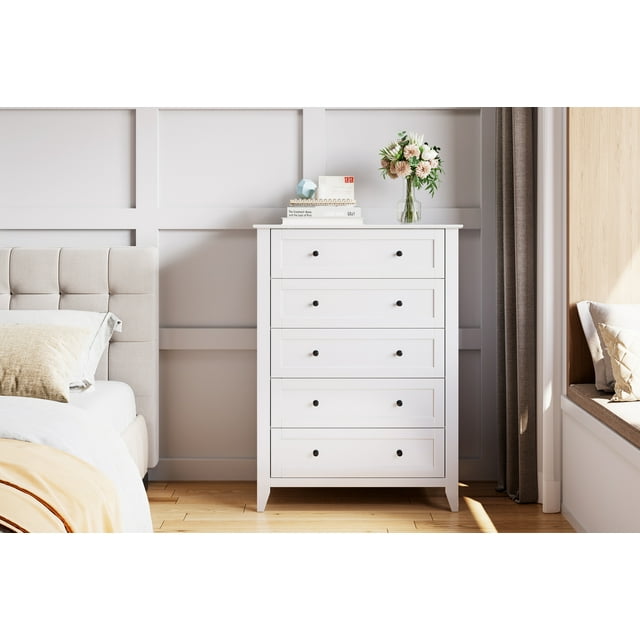 Commode à 5 Tiroirs, Armoire de Rangement en Bois avec Tiroirs pour Chambre, Grande Commode Table de Nuit pour Salon, Entrée