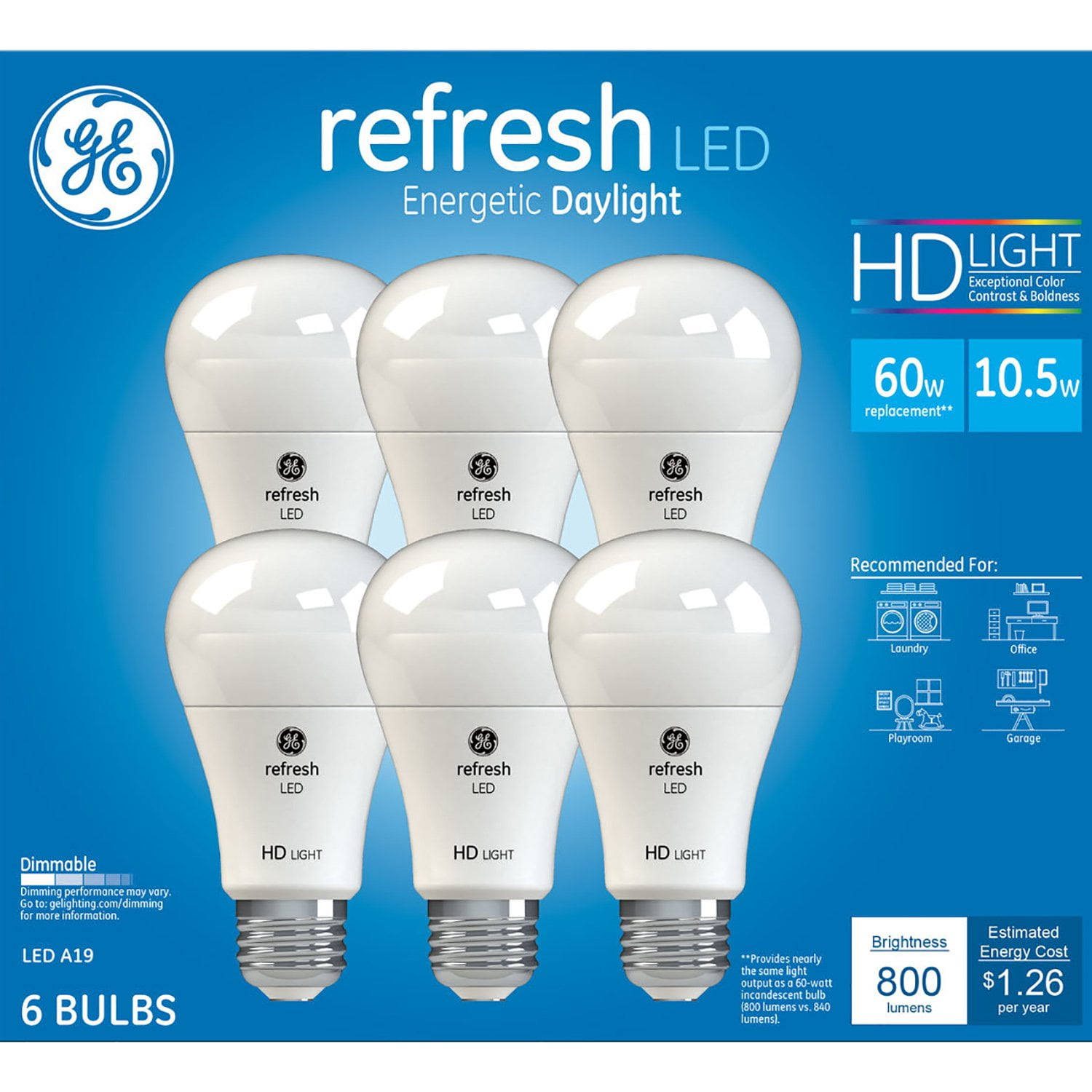 GE Refresh 4-Pack 60 W Equivalent Dimmable 5000k Daylight A19 LED Light Fixture