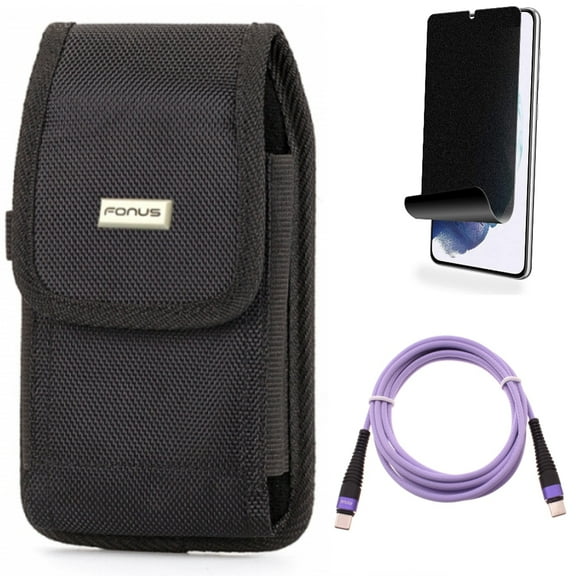 For Samsung Galaxy S21 (6.2") - Long Charger Cord Type-C to USB-C Purple 6ft PD Cable   [Fingerprint Works] TPU Film Privacy Screen Protector   Holster Swivel Case Belt Clip
