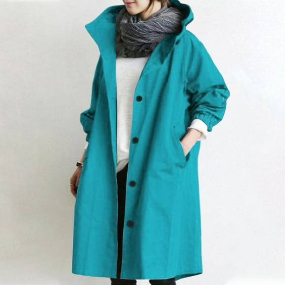 Women's Trench Jackets Loose Fall Winter Hooded Oversized Elegant Windbreaker Comfy Plus Size Coat Outerwear New Blue XXL