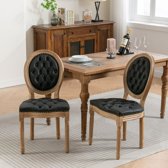 FFZ French Style Solid Wood Dining Chair Set of 2 with PU Leather, Nailhead Trim, Wood Legs, Black PU