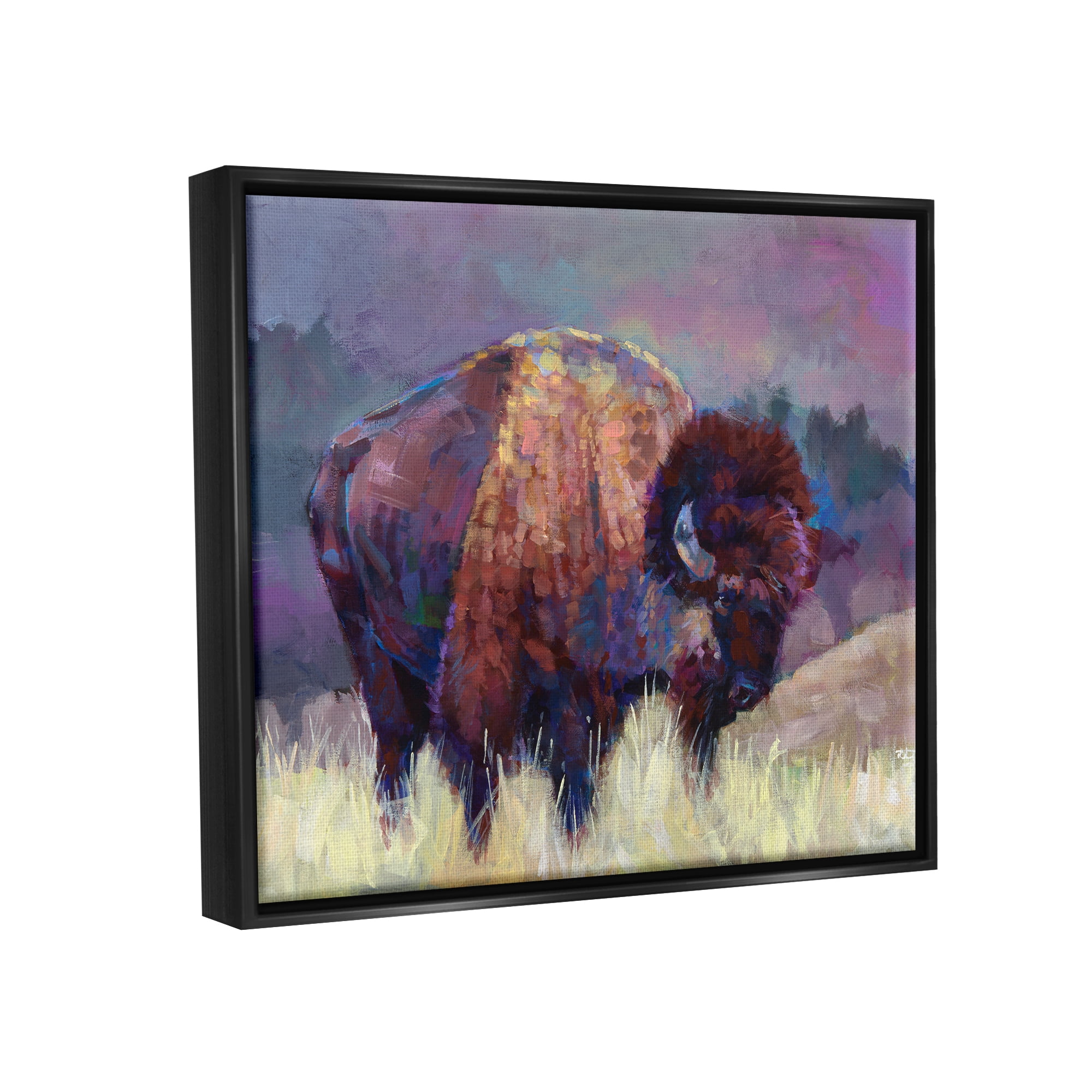 Stupell Industries Vibrant Bison Grazing Rural Meadow Purple Landscape Painting Jet Black Floating Framed Canvas Print Wall Art, Design by Robert Jackson