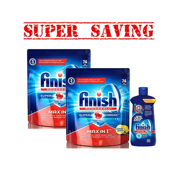 2XFinish Dishwasher Detergent Soap, Max In 1 Powerball , 74 Tab & 2 Pk Finish Dishwasher Cleaner 2 X 250 Ml- Super Saving1