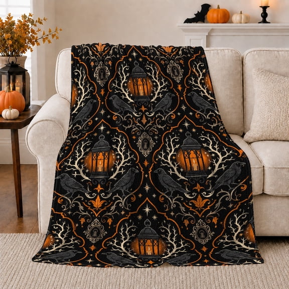 Ravens And Glowing Lanterns In Ornamental Frames, Soft Flannel Blanket with ornate dark Ornamental Damask Print, Housewarming Gift and Home Decor for Bedroom and Living Room
