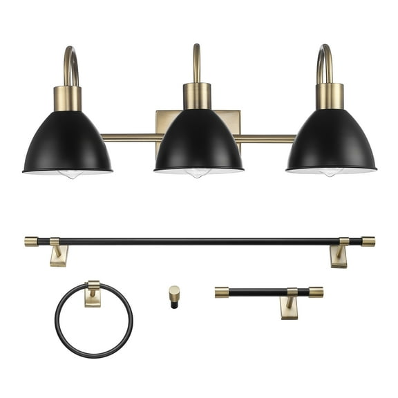 Globe Electric Modern Minimalist 5-Piece Matte Brass Bathroom Set with 24" 3-Light LED Vanity Light