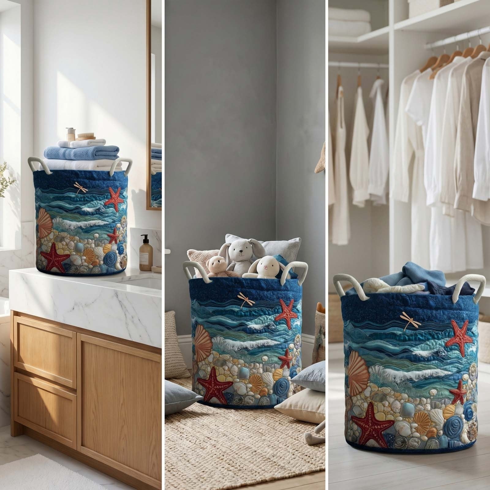 Boho Quilted Laundry Basket with Carry Handles, Foldable Fabric Storage Hamper, Multi-Purpose Clothes Organizer, Lightweight Portable Bin for Bedroom and Bathroom Use