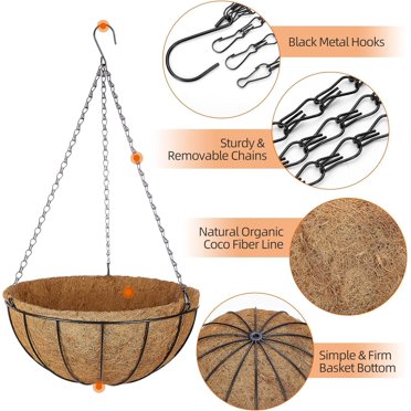 4-Pack Metal Hanging Planters With Coco Liners - 10 Inch Round Wire Basket For Outdoor Plants