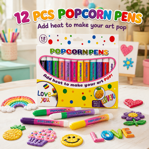 12 Pack 3D Magic Popcorn Pens, 12 Colors Heat-Activated Puffy Drawing Pens for Paper, Fabric, Wood, Glass, Canvas and DIY Crafts