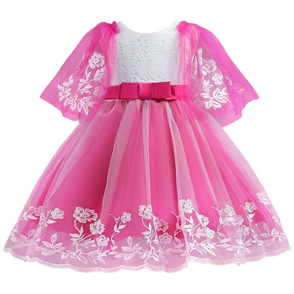 Gubotare Girls Royal Dress Baby Girl Dress Smocked Puff Sleeve Mesh Tutu Tulle Dresses Princess Birthday Wedding Dresses Summer Clothes (Hot Pink,Size 7-8 Years)