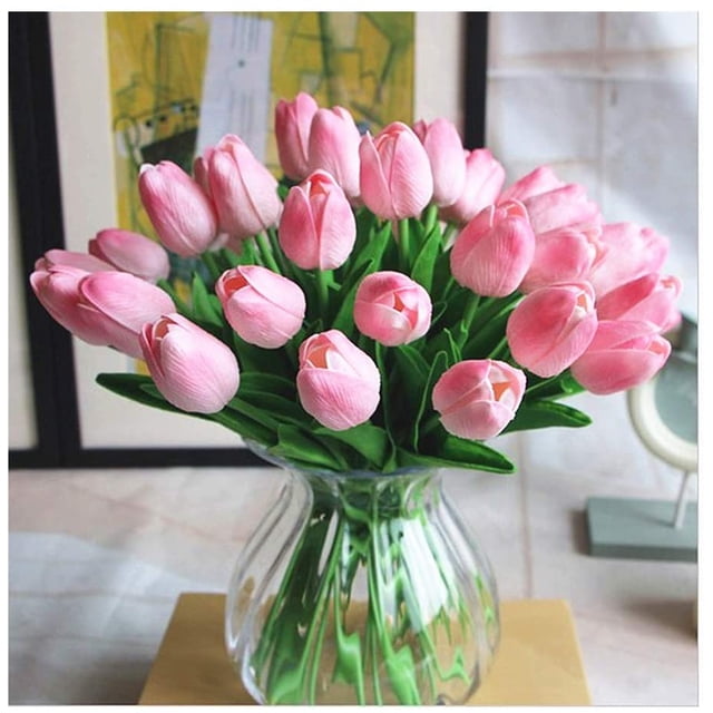 Tulipanes artificiales de PU Real Touch, 10 Uds., arreglo de flores falsas, ramo para decoración de hogar, oficina, boda (rosa) BANYUO Electrónica