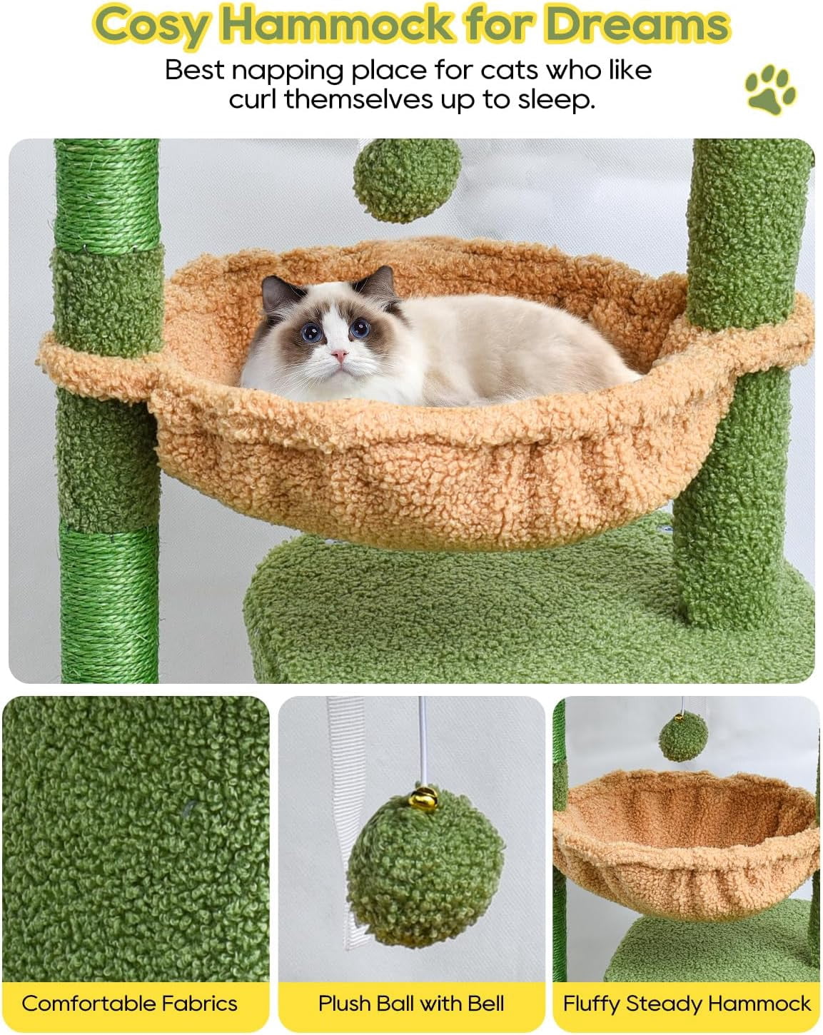 Cactus Cat Tree for Indoor Cats, Green Activity Cat Tower with Scratching Post for Kittens, Modern Cat Furniture with Basket & Hanging Ball for Play Rest