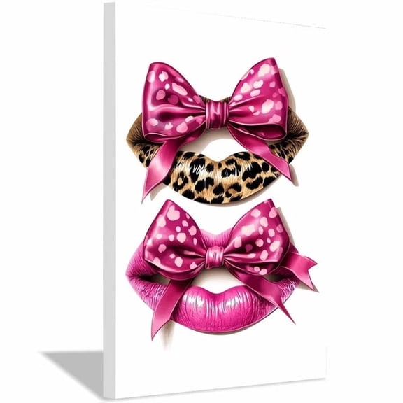 Mudket Framed Leopard Print Lips with Pink Bows Canvas Wall Art, Cute Trendy Wall Decor, Glamorous Art Ready to Hang for Girls Bedroom - 12"L x 8"W
