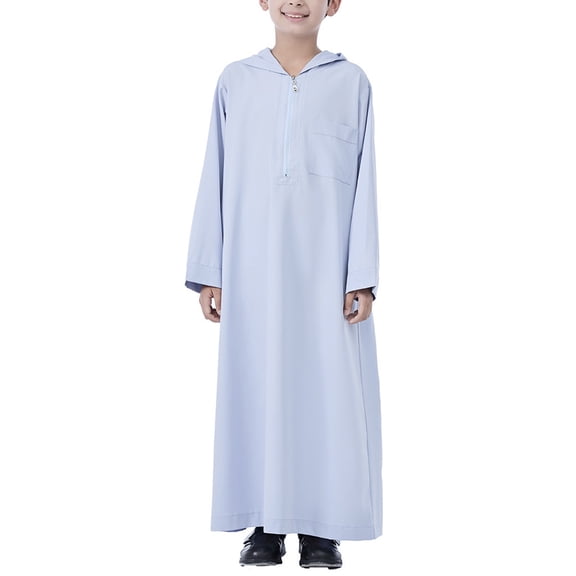 KAUOD Boys Half Zipper Abaya Thobe Plain Long 𝐈slamic Kids Hooded Kaftan Thobes Toddler Loose Eid Traditional Dress Clothes
