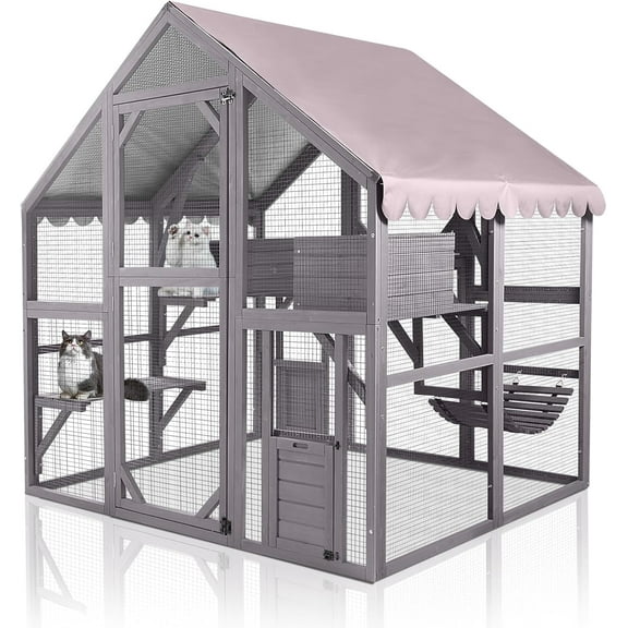 BUTINGLALE Catio Outdoor Cat Enclosures Wooden Cat House with Rest Houses, Platforms, Bridge, and Waterproof UV Cover - 55" D