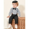 thumbnail image 3 of CARETOO Baby Boy Clothes Suits Outfit Long Sleeve Suspender Pants Bowtie Beret Hat Wedding Set 3-18M, 3 of 18