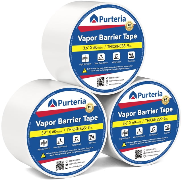 Cinta de barrera de vapor PURTERIA, polietileno, 9 mil, 3,6 cm x 55 m, 3 rollos