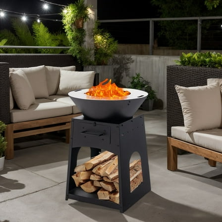 Resenkos Fire Pit, Fire Bowl,Outdoor Firepit,Patio Fire Pit with Firewood Log Rack with Grill and Ash Box-Black