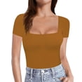 thumbnail image 1 of Hiiyo T-Shirt Femme Col Carré Manches Courtes T-Shirt Été Décontracté, Orange m, 1 of 6