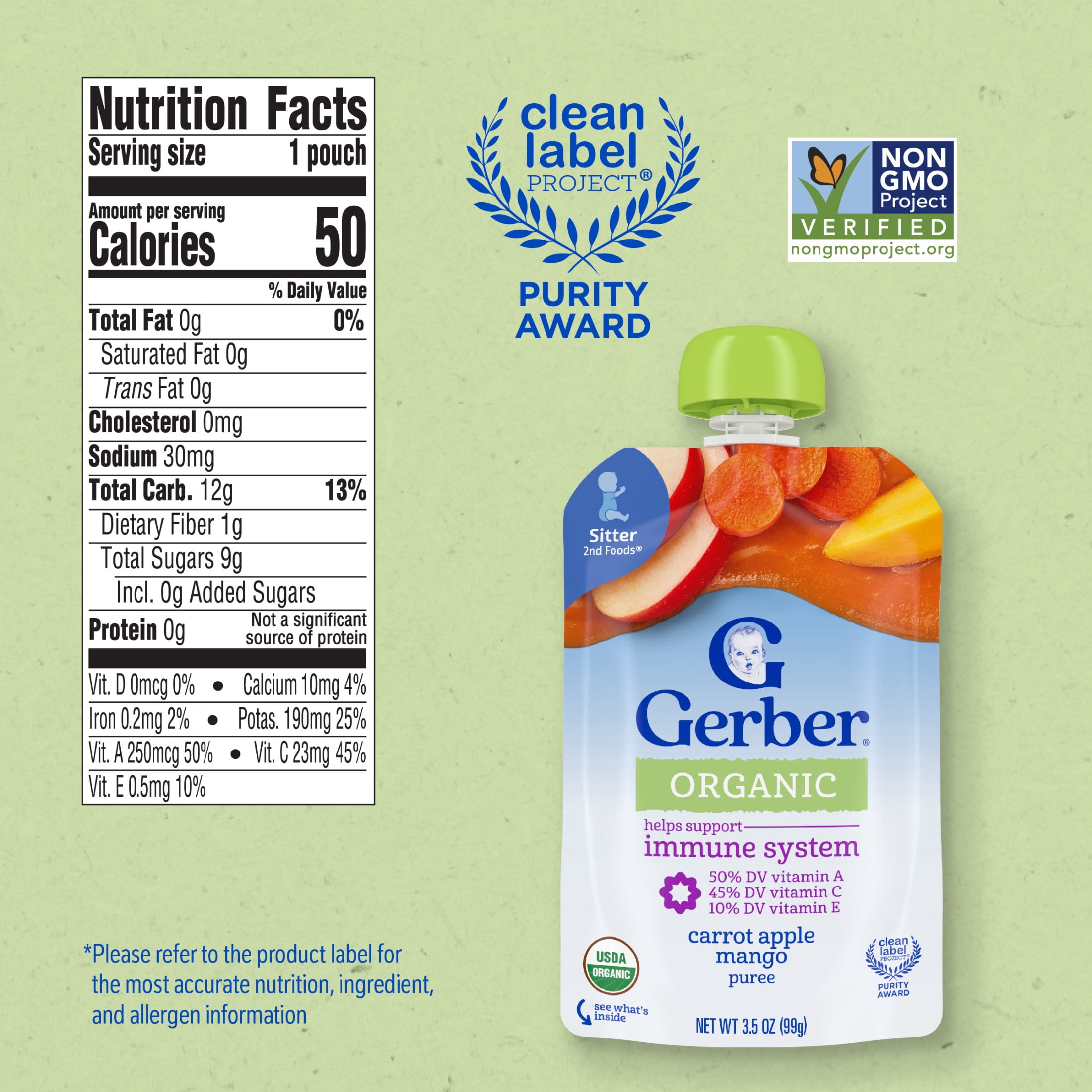Gerber Deluxe Organic Non-GMO 2nd Baby Food Pack Carrot Apple Mango 3.5 oz Pouch (6 Pack)