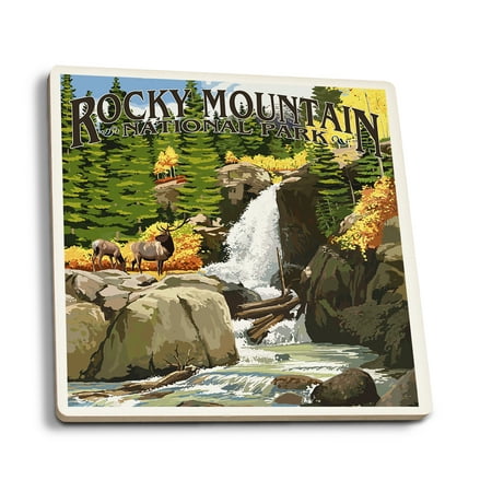 - Rocky Mountain National Park, Colorado - Elk & Waterfall - Lantern Press Artwork (Set of 4 Ceramic Coasters - Cork-backed, Absorbent)