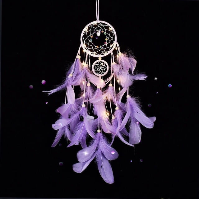 Atrapasueños luminoso, decoración del dormitorio de las niñas Atrapasueños luminoso hecho a mano Tapiz bohemio de plumas Dormitorios del hogar Decoración de la boda para colgar en la pared