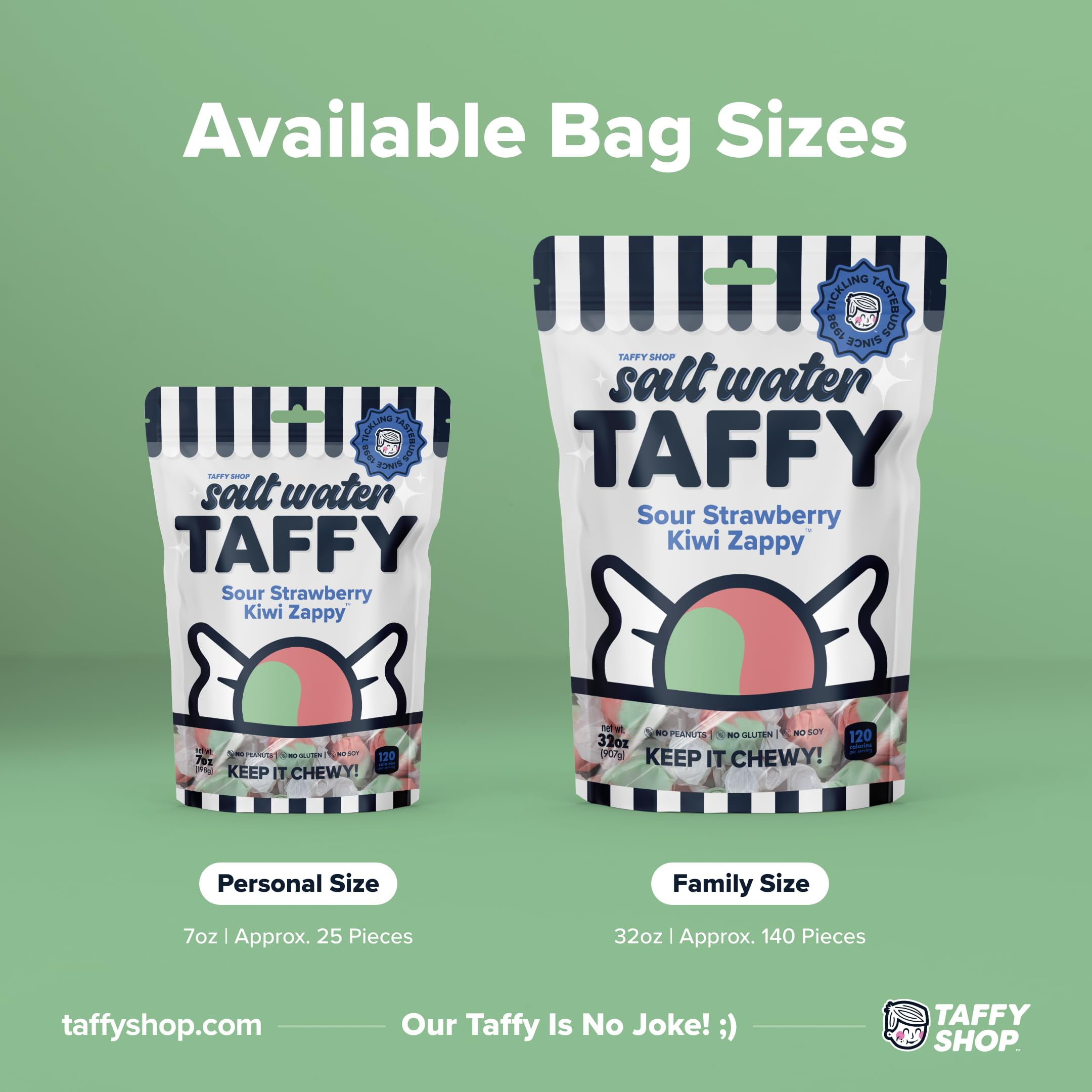 Taffy Shop “Sour Strawberry Kiwi Zappy” Salt Water Taffy – Assorted Gourmet Candy Variety Pack, Bulk Sweet Snack, Fresh & Gluten-Free, 65 Individually Wrapped Pieces (32oz)