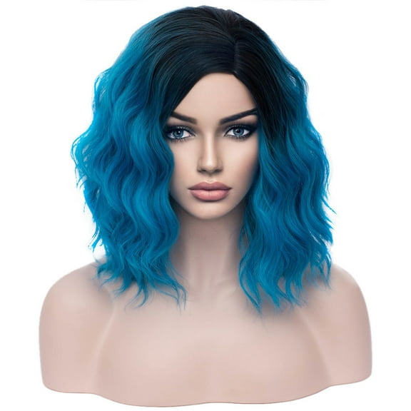 BERON Black to Blue Short Curly Bob Wig for Women Heat Resistant Natural Looking Hair Wig for Cosplay Girls Party or Daily Use Wig Cap Included
